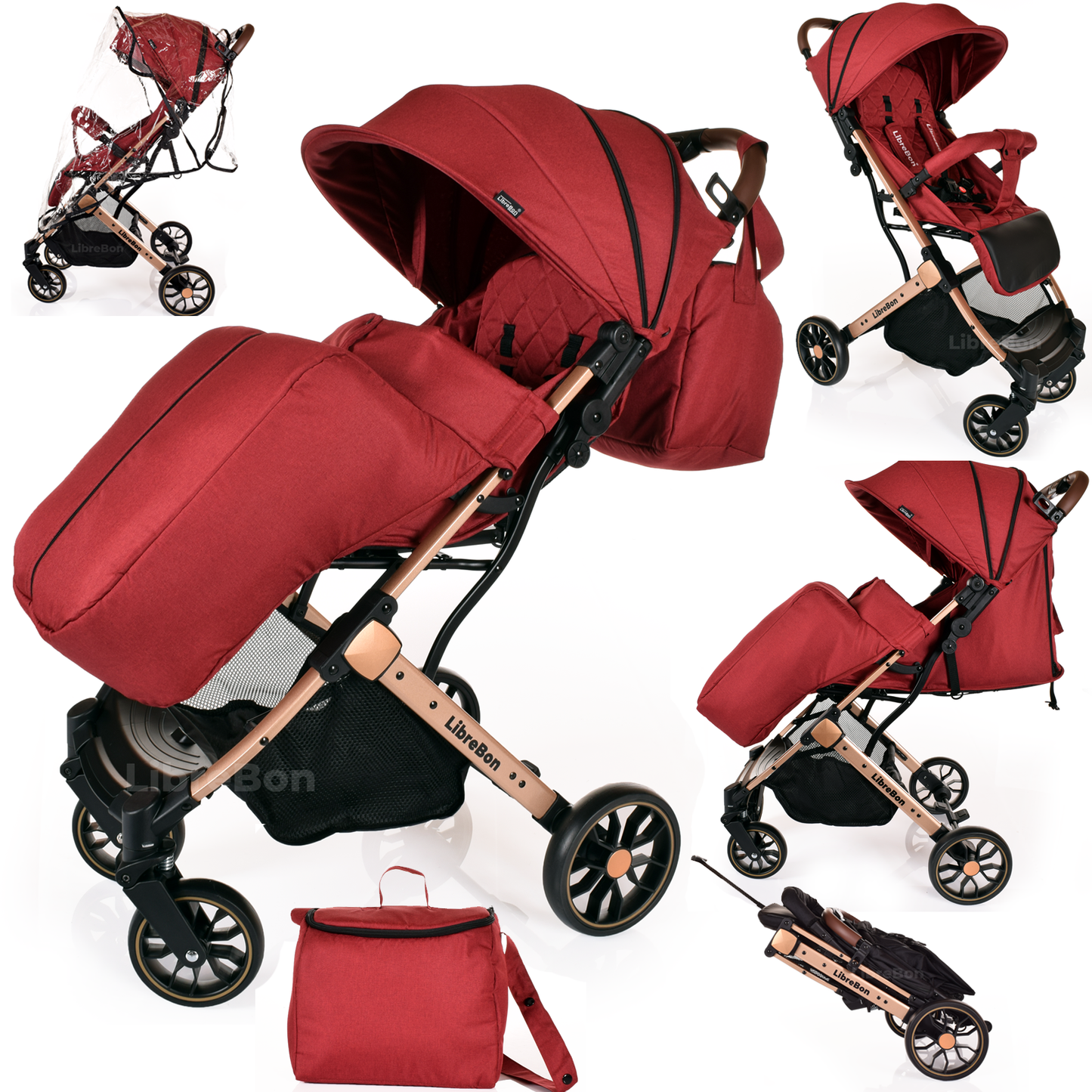 Librebon Lightweight Baby Stroller Pram Foldable Travel Buggy Four Seasons Pushchair Red