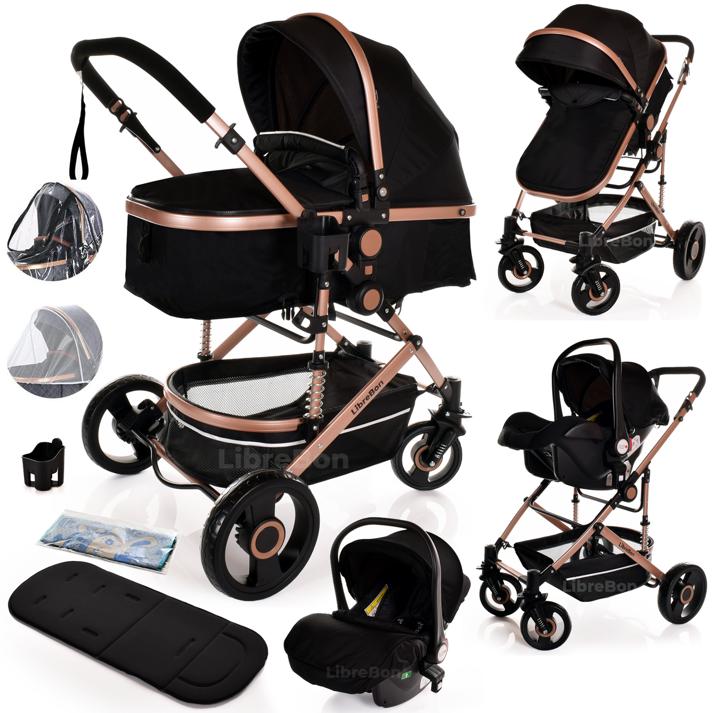 Baby Pram Pushchair Buggy 3 in 1 Travel System With Car Seat Black