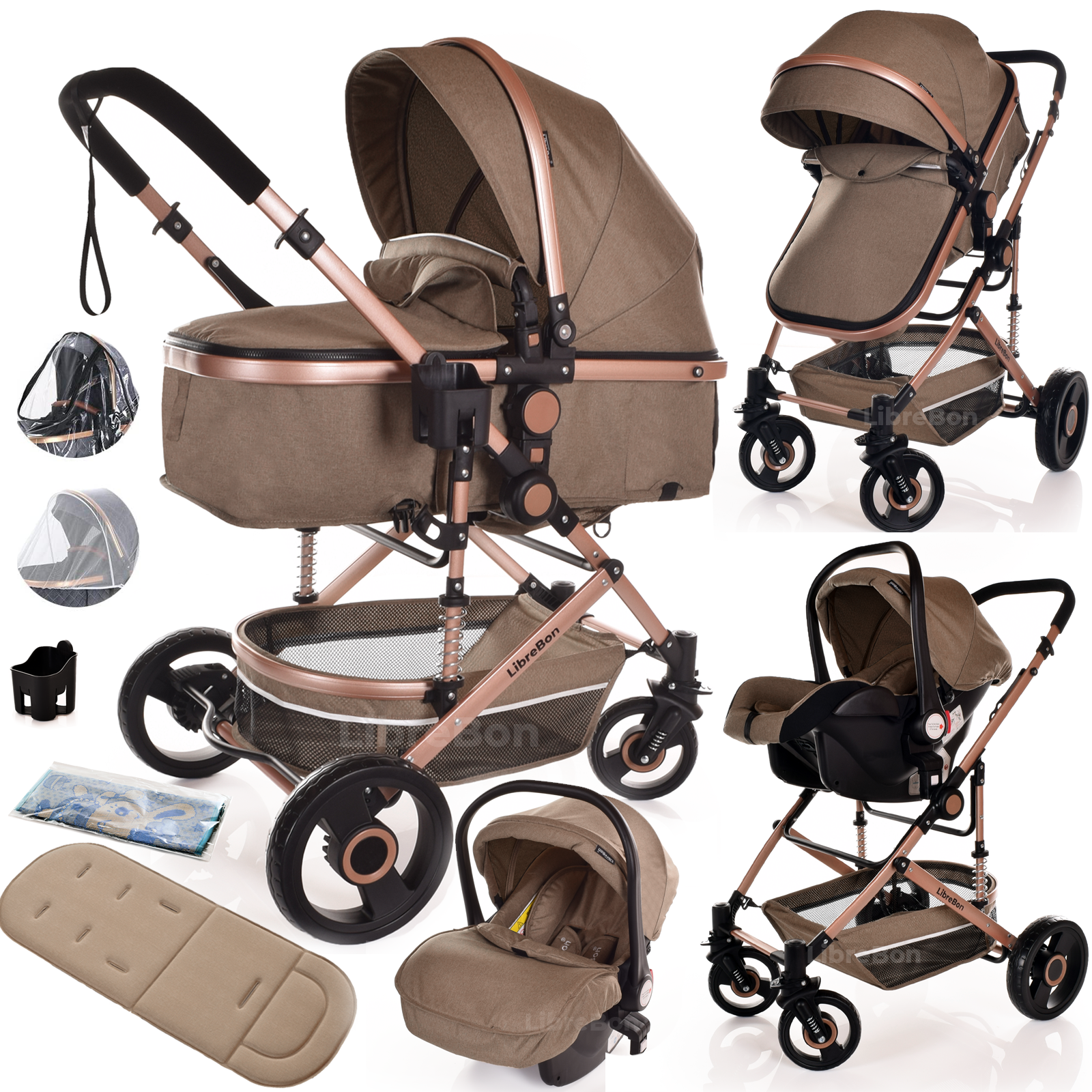 Baby Pram Pushchair Buggy 3 in 1 Travel System With Car Seat Beige