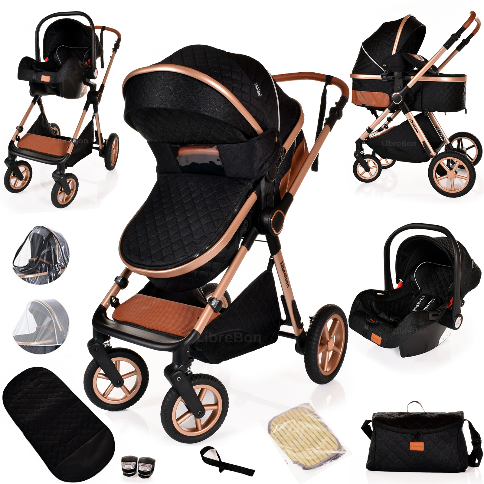 Librebon Baby Pram Buggy Travel System With Car Seat Black Gold