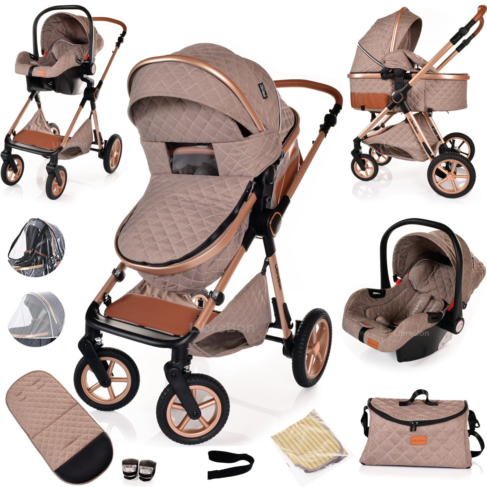 Librebon Baby Pram Buggy Travel System With Car Seat Beige