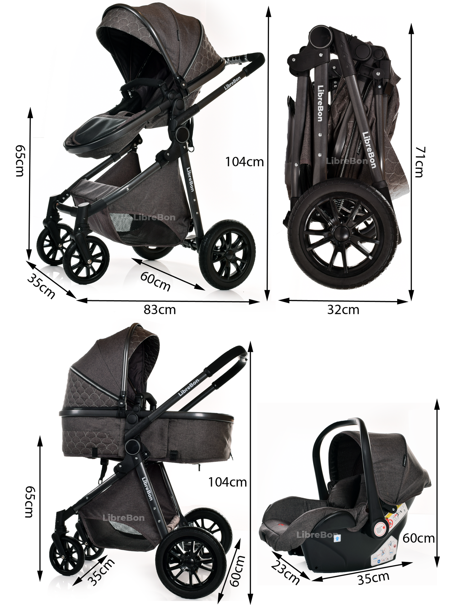 Librebon Baby Pram Pushchair Foldable Buggy Travel System With Car Seat From Birth Black Gold