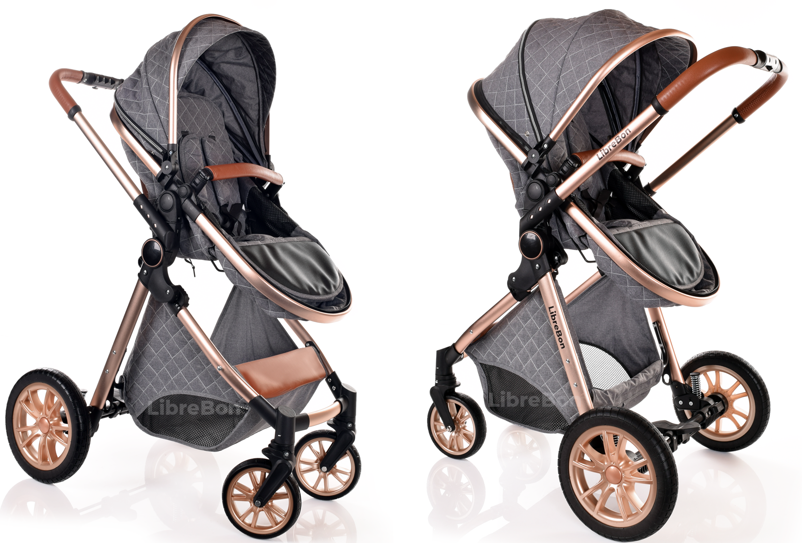 Grey and rose gold top pram