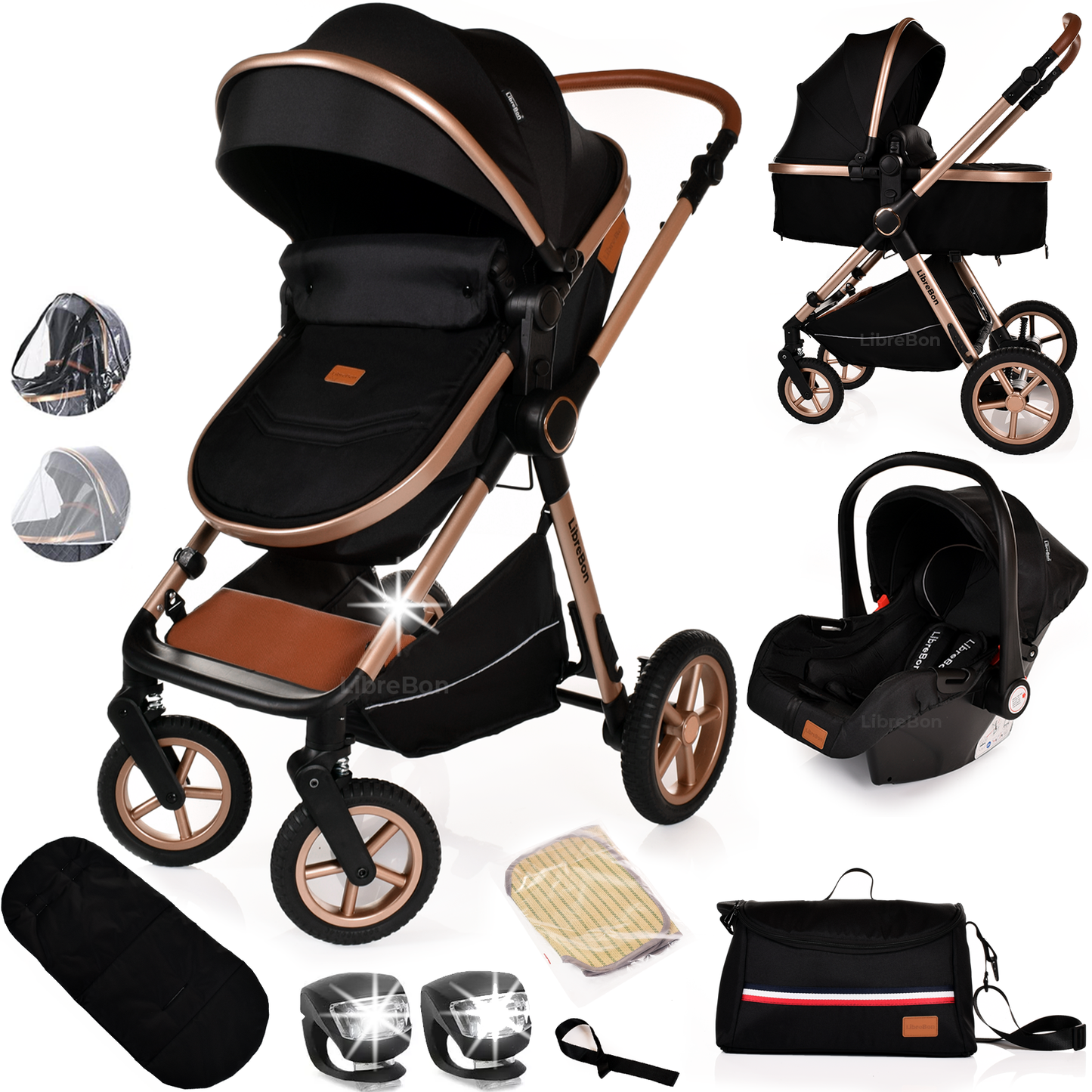 Librebon Baby Pram Pushchair Foldable Buggy Travel System With Car Seat From Birth Black Gold