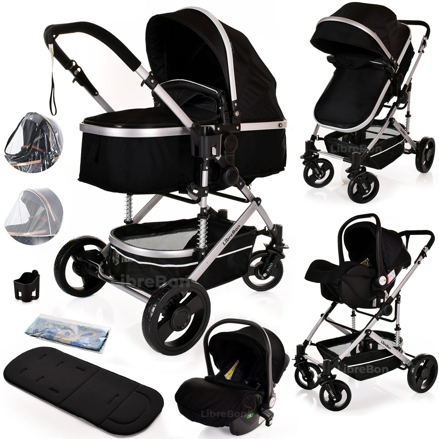 Librebon Baby Pram  Pushchair Buggy 3 in 1 Travel System With Car Seat Black Silver