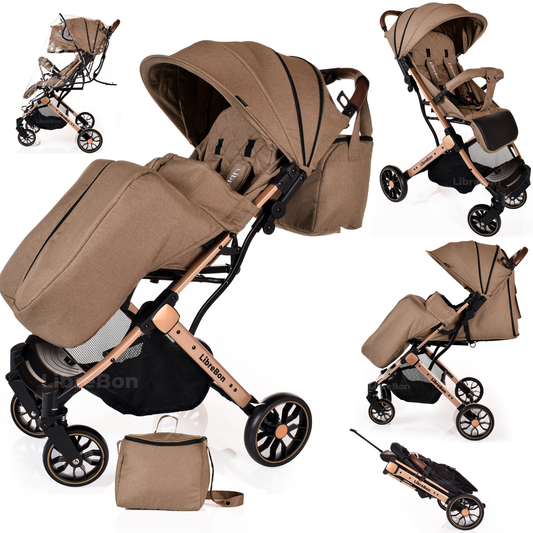 Librebon Lightweight  Baby Stroller Pram Foldable Travel Buggy Four Seasons Pushchair Green Beige