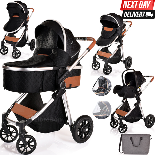 Baby Pram Buggy Travel System With Car Seat Black - Silver frame